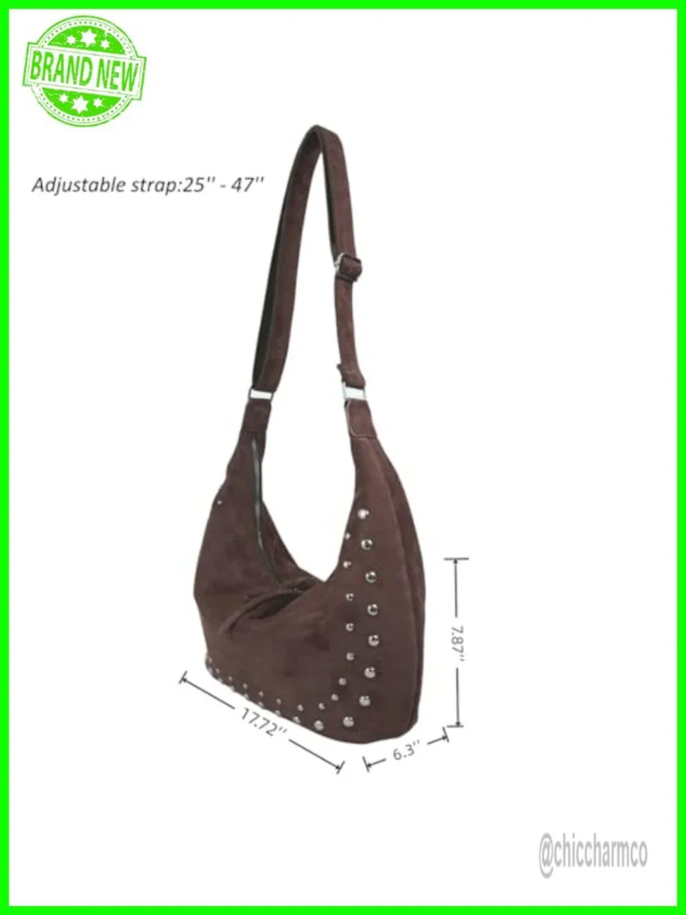 Faux Suede Hobo Bag with Studs - Adjustable Crossbody Shoulder Purse